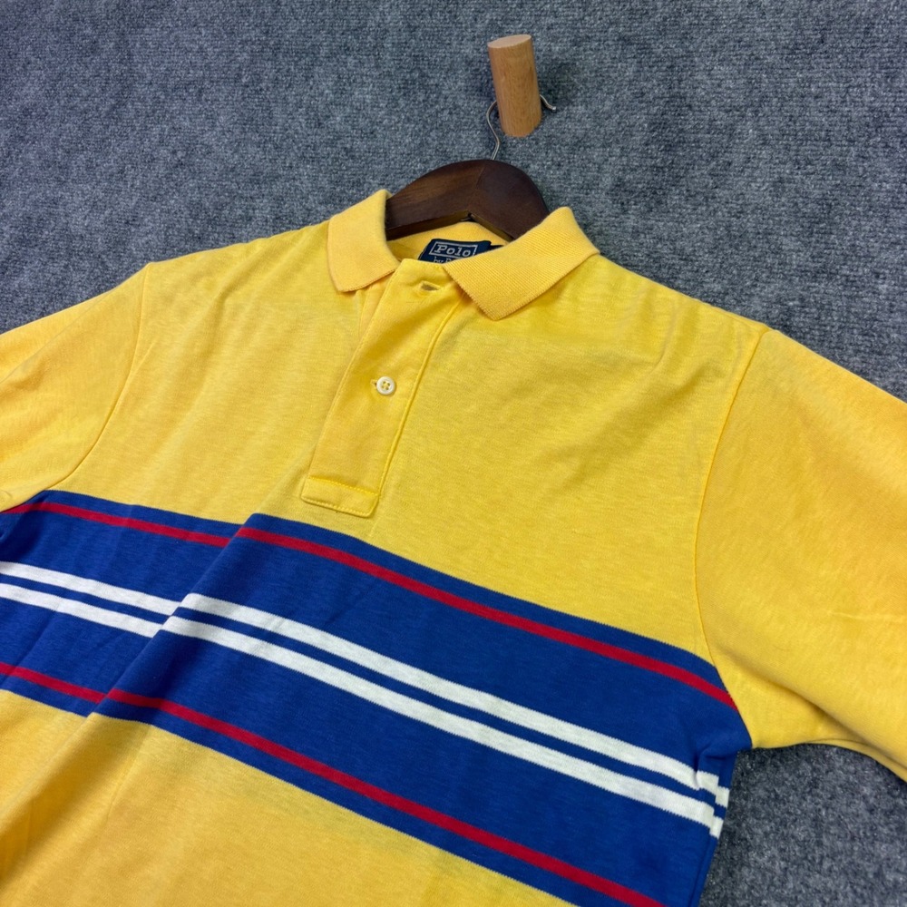 Polo Ralph Lauren Polo Shirt Mens M Yellow Blue Stripe Short Sleeve Cotton 0551